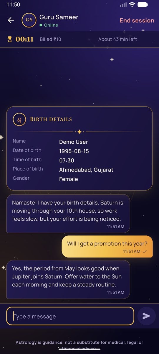 A chat with an astrologer: the shared birth details card, messages and the running timer